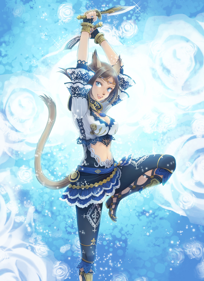 takatsuki kahiro, mithra (ff11), final fantasy, final fantasy xi, 00s, 1girl, :d, animal ears, blue eyes, blue nails, boots, bracelet, breasts, brown hair, cat ears, cat girl, cat tail, cleavage, dancer, dual wielding, female focus, gloves, high heels, holding, jewelry, knife, leg lift, lots of jewelry, midriff, nail polish, navel, necklace, open mouth, shoes, short hair, skirt, smile, solo, tail, weapon