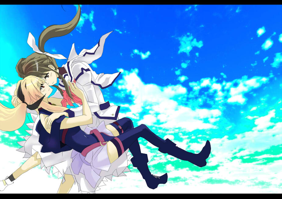 fate testarossa, takamachi nanoha, lyrical nanoha, mahou shoujo lyrical nanoha, 00s, 2girls, blonde hair, blue eyes, blush, brown hair, day, hug, letterboxed, multiple girls, red eyes, ribbon, sky, thighhighs, twintails, yuri