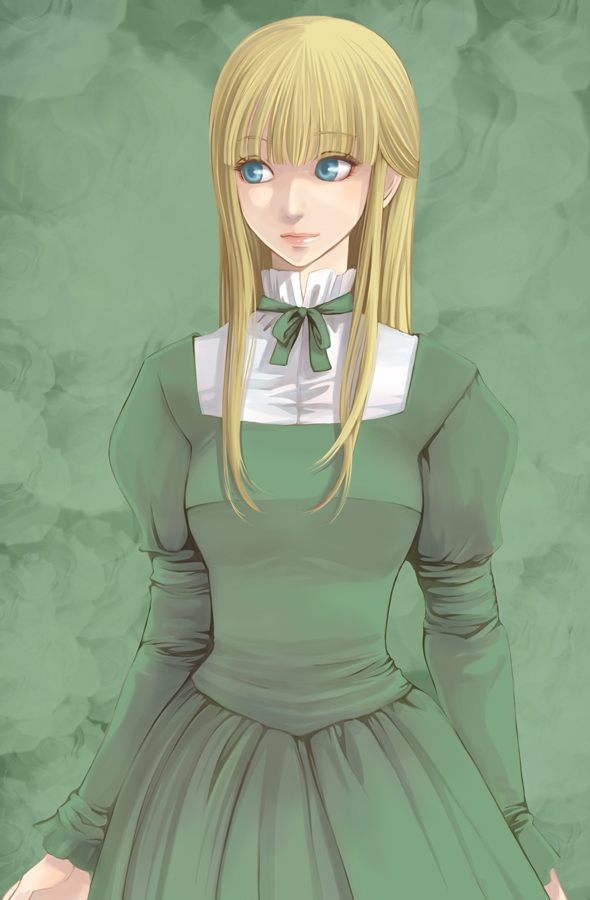 takatsuki kahiro, original, 1girl, aqua eyes, blonde hair, bow, dress, female focus, green dress, lips, long hair, solo