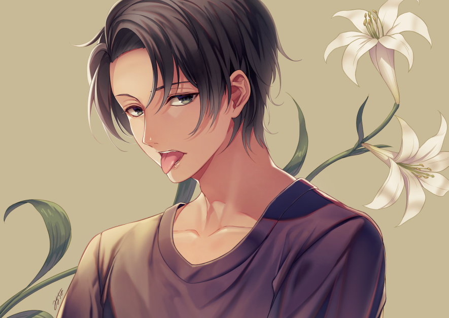 milcho, original, commentary, commentary request, english commentary, mixed-language commentary, 1boy, adam's apple, black hair, black shirt, brown background, collarbone, flower, lily (flower), looking at viewer, male focus, shirt, short hair, signature, simple background, solo, tongue, tongue out, upper body, white flower