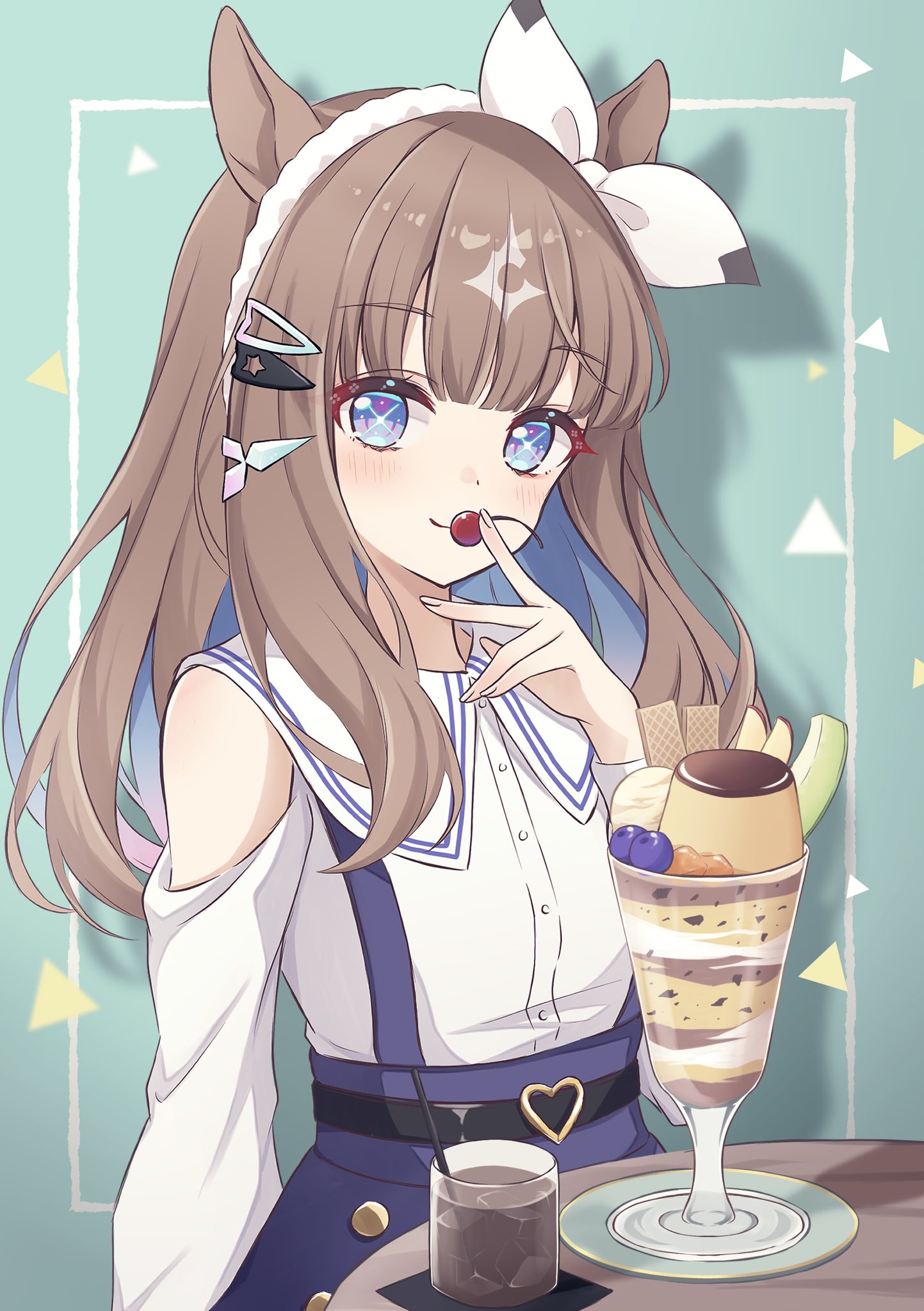 aisu kuriimu, almond eye (umamusume), umamusume, commentary request, highres, 1girl, animal ears, apple, apple slice, belt, black belt, blue eyes, blue hair, blueberry, blush, brown hair, cherry, closed mouth, colored inner hair, cup, dessert, drinking glass, drinking straw, food, fruit, gradient hair, green background, hair ornament, hairband, hairclip, hand up, heart belt buckle, holding, holding food, holding fruit, horse ears, horse girl, ice cream, inset border, long hair, long sleeves, looking at viewer, melon, melon slice, multicolored hair, off-shoulder shirt, off shoulder, parfait glass, pudding, purple skirt, sailor collar, saucer, shadow, shirt, shirt tucked in, skirt, solo, suspender skirt, suspenders, table, wafer, white hairband, white sailor collar