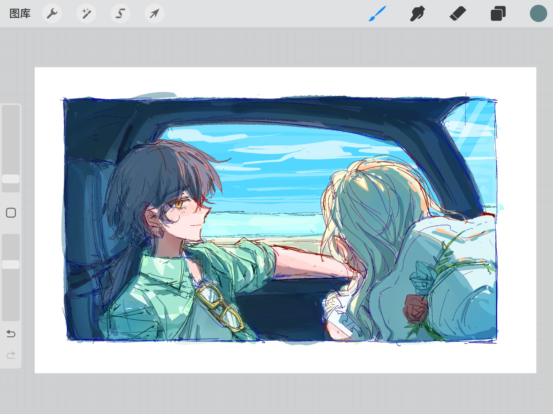 yrxy settingsun, ceras yanagida lilienfeld, katsuragi izumi, link! like! love live!, love live!, commentary, highres, symbol-only commentary, 2girls, alternate costume, aqua shirt, art program in frame, black hair, blue sky, car interior, collared shirt, day, edel note, eyewear hang, grey hair, hat, hawaiian shirt, low ponytail, multiple girls, open clothes, open shirt, ponytail, shirt, sky, sun hat, unworn eyewear, virtual youtuber, white hat