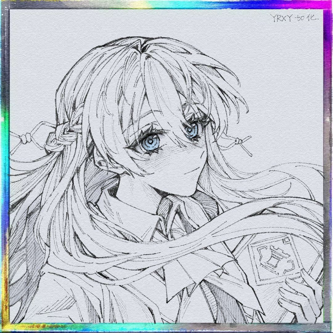 yrxy settingsun, murano sayaka, hasunosora fantasy, link! like! love live!, love live!, commentary, english commentary, 1girl, ascot, blue eyes, book, braid, closed mouth, cowboy shot, greyscale, half up braid, half updo, holding, holding book, light smile, looking at viewer, monochrome, official alternate costume, portrait, shikishi, signature, solo, spot color