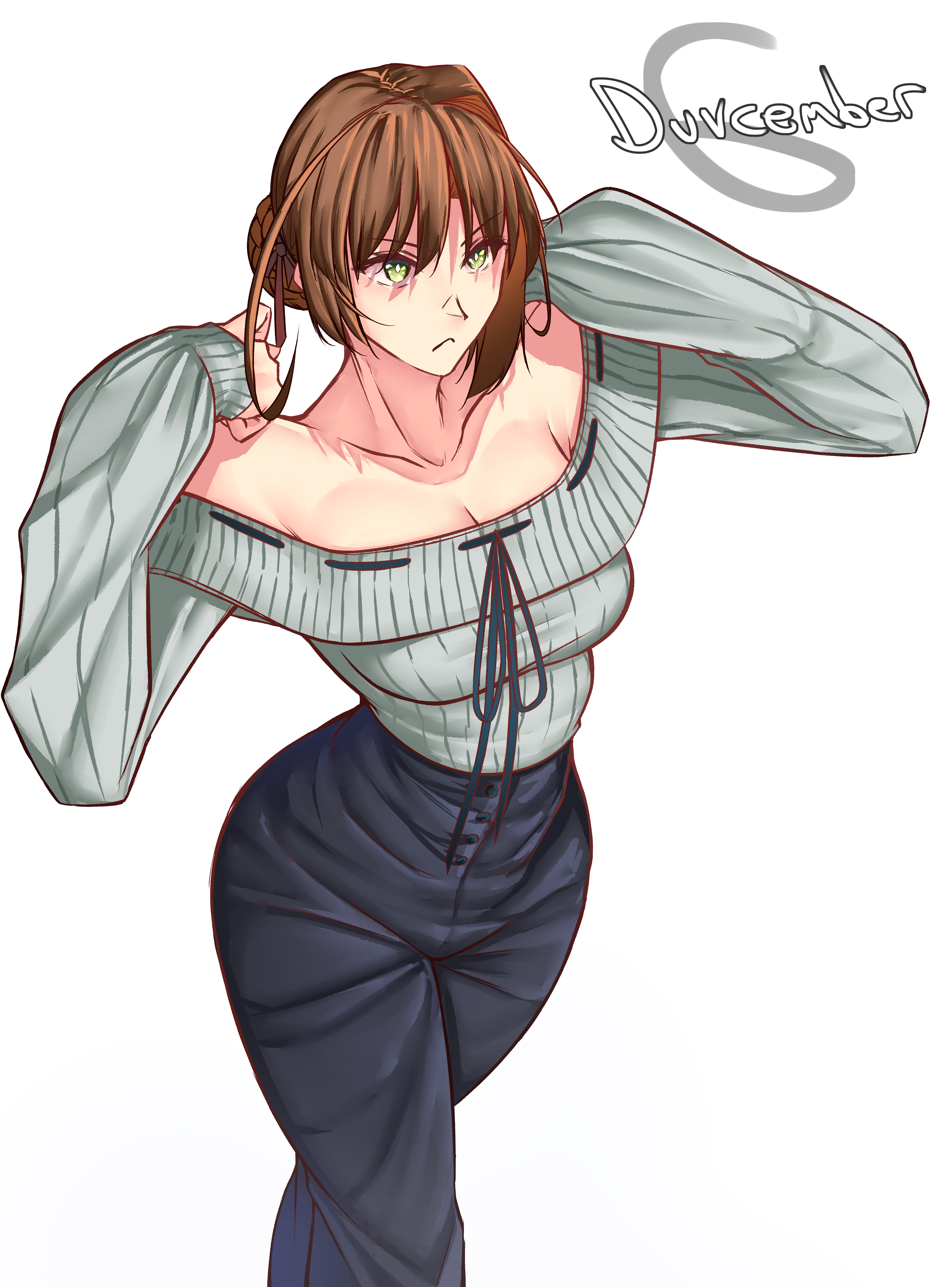 moren eh, duvalie, eiyuu densetsu, sen no kiseki (series), absurdres, commentary, english commentary, highres, 1girl, antenna hair, braid, breasts, brown hair, bun with braided base, closed mouth, collarbone, dated, english text, green eyes, hair between eyes, hair bun, large breasts, off shoulder, short hair, simple background, single hair bun, solo, sweater, upper body, white background