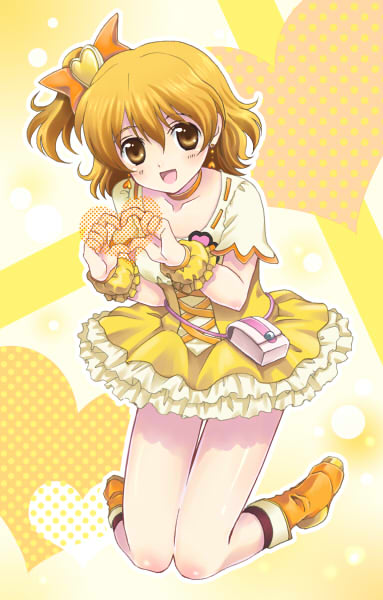 yoshi (taiko7), cure pine, yamabuki inori, fresh precure!, precure, 00s, 1girl, blonde hair, female focus, hair ornament, heart, heart hair ornament, heart hands, magical girl, solo