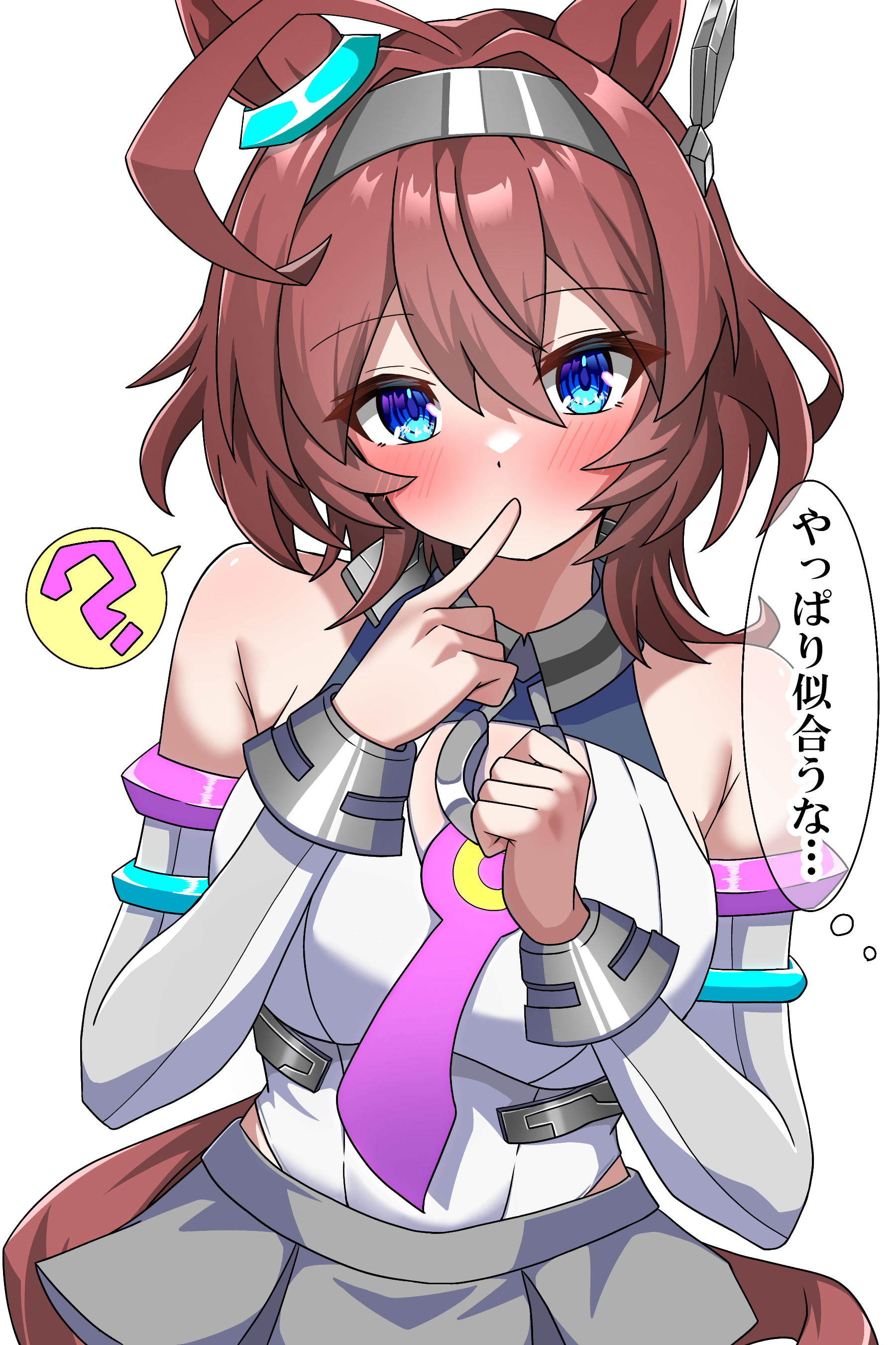 shikimiya life, mihono bourbon (mb-19890425) (umamusume), mihono bourbon (umamusume), umamusume, absurdres, highres, 1girl, ?, ahoge, alternate hairstyle, animal ears, bare shoulders, blue eyes, blush, breasts, brown hair, cleavage cutout, clothing cutout, detached sleeves, grey hairband, grey skirt, grey sleeves, hair between eyes, hair ornament, hairband, horse ears, horse girl, horse tail, large breasts, leotard, long hair, looking at viewer, necktie, pink necktie, silver hairband, simple background, skirt, solo, speech bubble, spoken question mark, tail, white leotard, wolf cut