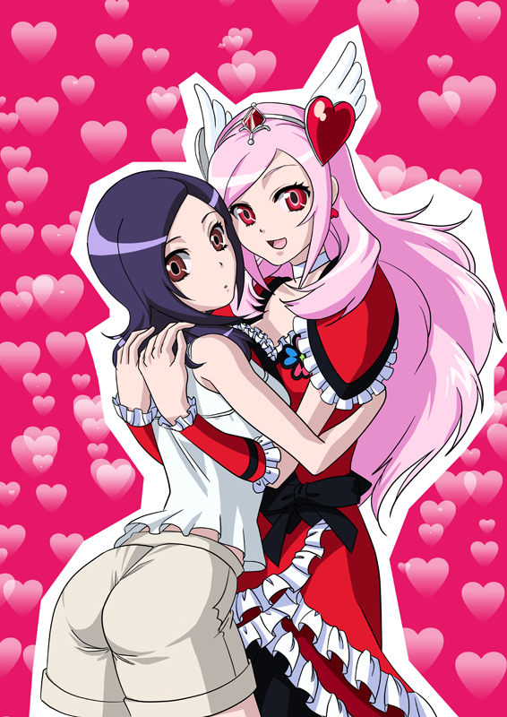 cure passion, higashi setsuna, fresh precure!, precure, 00s, 2girls, ass, bow, brown eyes, choker, dual persona, eyelashes, hair ornament, heart, heart hair ornament, hug, magical girl, multiple girls, pantyhose, pink background, pink eyes, pink hair, purple hair, shorts, waist bow, white choker