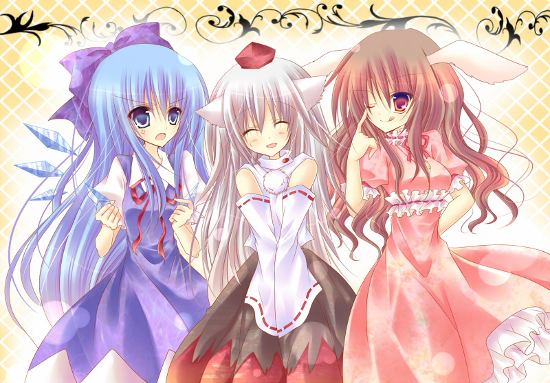 asakura hayate, asakura ibuki, cirno, inaba tewi, inubashiri momiji, touhou, silver hair, bad id, bad pixiv id, 3girls, aged up, alternate hair length, alternate hairstyle, animal ears, blue eyes, blue hair, detached sleeves, hat, long hair, multiple girls, one eye closed, rabbit ears, red eyes, tokin hat, wings, wink, wolf ears