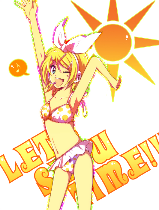 hino (moca), hino (pixiv33820), kagamine rin, project diva, project diva (series), vocaloid, bad id, bad pixiv id, 1girl, arms up, bikini, blonde hair, female focus, flat chest, headset, musical note, navel, polka dot, polka dot bikini, polka dot swimsuit, short hair, smile, solo, swimsuit, wink