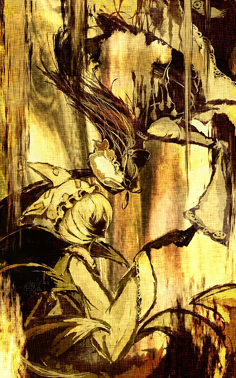 yoshioka yoshiko, yakumo ran, yakumo yukari, touhou, 2girls, animal hat, female focus, hat, holding hands, long hair, long sleeves, mob cap, monochrome, multiple girls, multiple tails, rotational symmetry, short hair, silhouette, tail, upside-down, wide sleeves, yellow theme