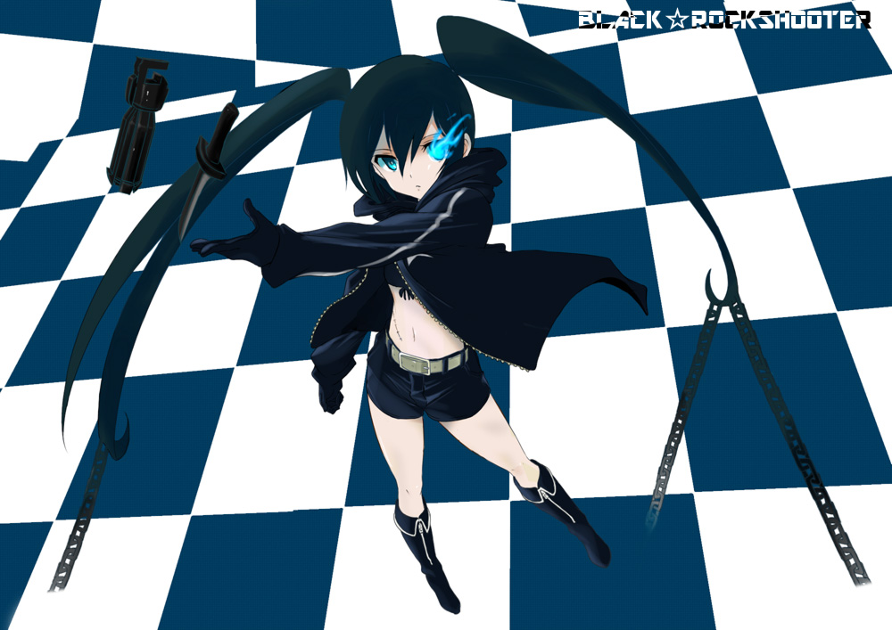 yuu (1007yu), black rock shooter (character), black rock shooter, vocaloid, 10s, belt, bikini, bikini top only, blue eyes, blue hair, boots, chain, foreshortening, glowing, glowing eyes, jacket, knife, long hair, pale skin, scar, shorts, solo, swimsuit, twintails, uneven twintails, very long hair