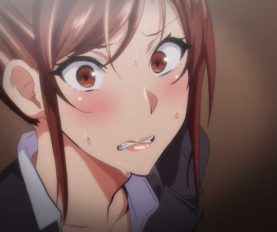 takeda hiromitsu, azuma hisato, himawari wa yoru ni saku, t-rex (animation studio), anime screenshot, jpeg artifacts, 1girl, blush, brown eyes, brown hair, chromatic aberration, clenched teeth, collared shirt, embarrassed, from behind, jacket, medium hair, nervous, parted lips, portrait, scared, shirt, sidelocks, simple background, sweat, swept bangs, teeth, white shirt, wide-eyed
