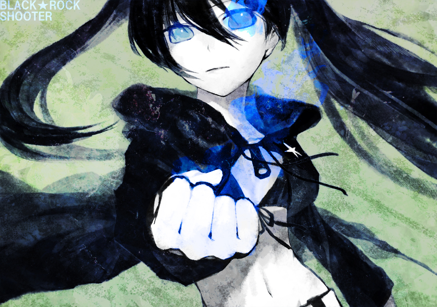 noco (adamas), black rock shooter (character), black rock shooter, vocaloid, bad id, bad pixiv id, 10s, 1girl, bikini, bikini top only, black hair, blue eyes, clenched hand, female focus, flat chest, foreshortening, glowing, glowing eyes, jacket, long hair, pale skin, solo, swimsuit, twintails, uneven twintails