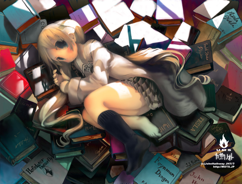 john hathway, original, blonde hair, book, long hair, lying, school uniform, solo, twintails, very long hair