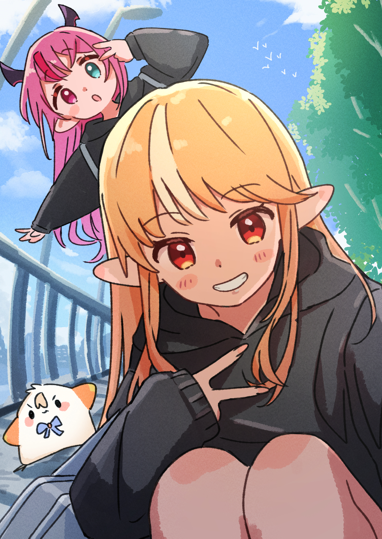 sasaki (glass1138), irys (hololive), shiranui flare, hololive, hololive english, highres, 2girls, animal, bird, black hoodie, blonde hair, blue eyes, blue sky, blush stickers, cloud, day, feet out of frame, grin, heterochromia, hood, hood down, hoodie, knees up, long hair, long sleeves, multicolored hair, multiple girls, nail polish, outdoors, parted lips, pink hair, pink nails, pointy ears, puffy long sleeves, puffy sleeves, railing, red eyes, sky, sleeves past wrists, smile, squatting, streaked hair, v, very long hair, virtual youtuber, white hair