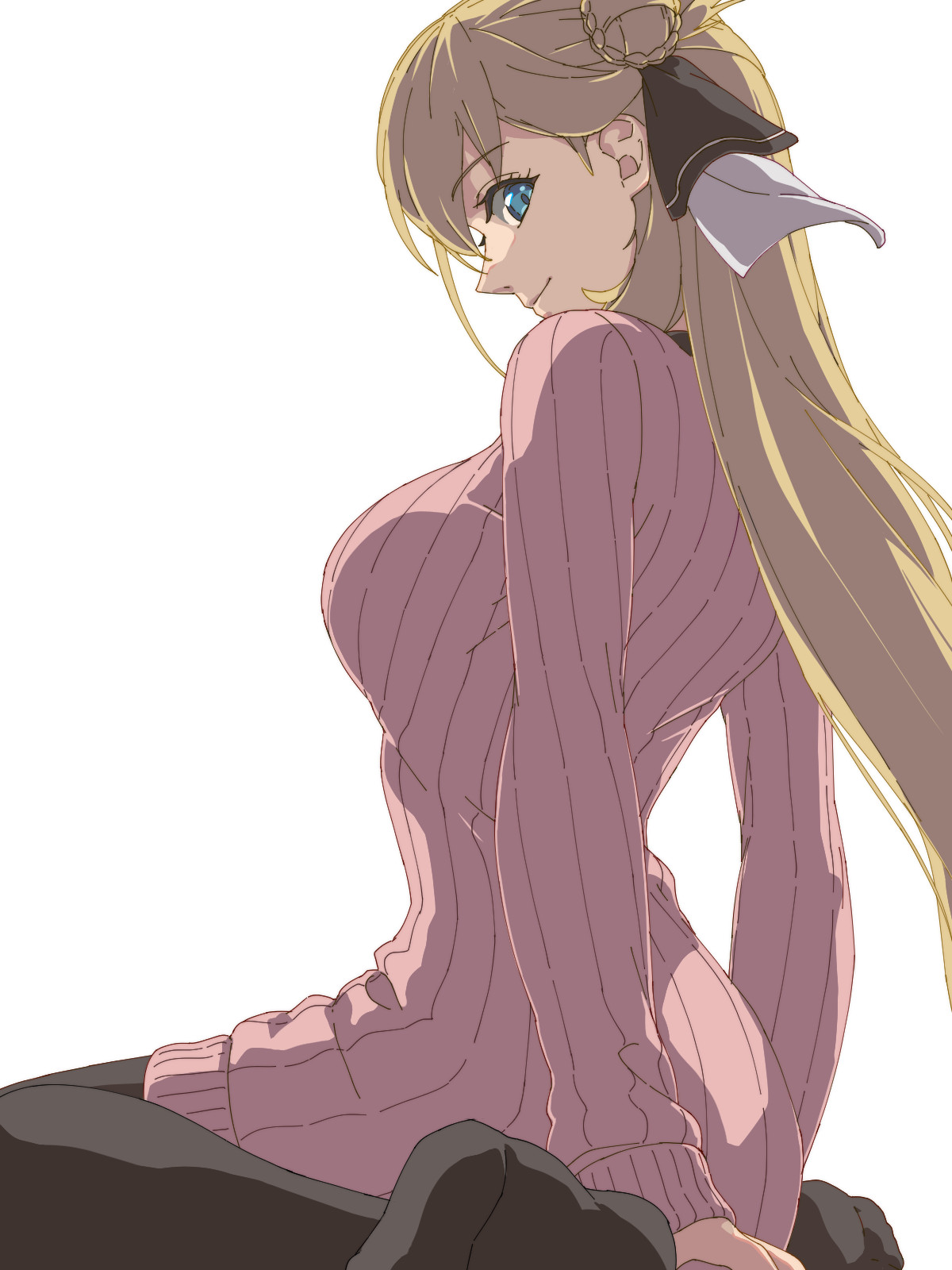 chiharu (9654784), agnes claudel, eiyuu densetsu, kuro no kiseki (series), kuro no kiseki i, highres, 1girl, black thighhighs, blonde hair, blue eyes, braid, braided bun, breasts, bun with braided base, closed mouth, collared shrug, floating hair, from side, hair bun, leggings, light smile, long hair, long sleeves, looking at viewer, low-tied long hair, ribbed sweater, shrug (clothing), simple background, single side bun, sitting, smile, solo, sweater, thighhighs, upper body, white background