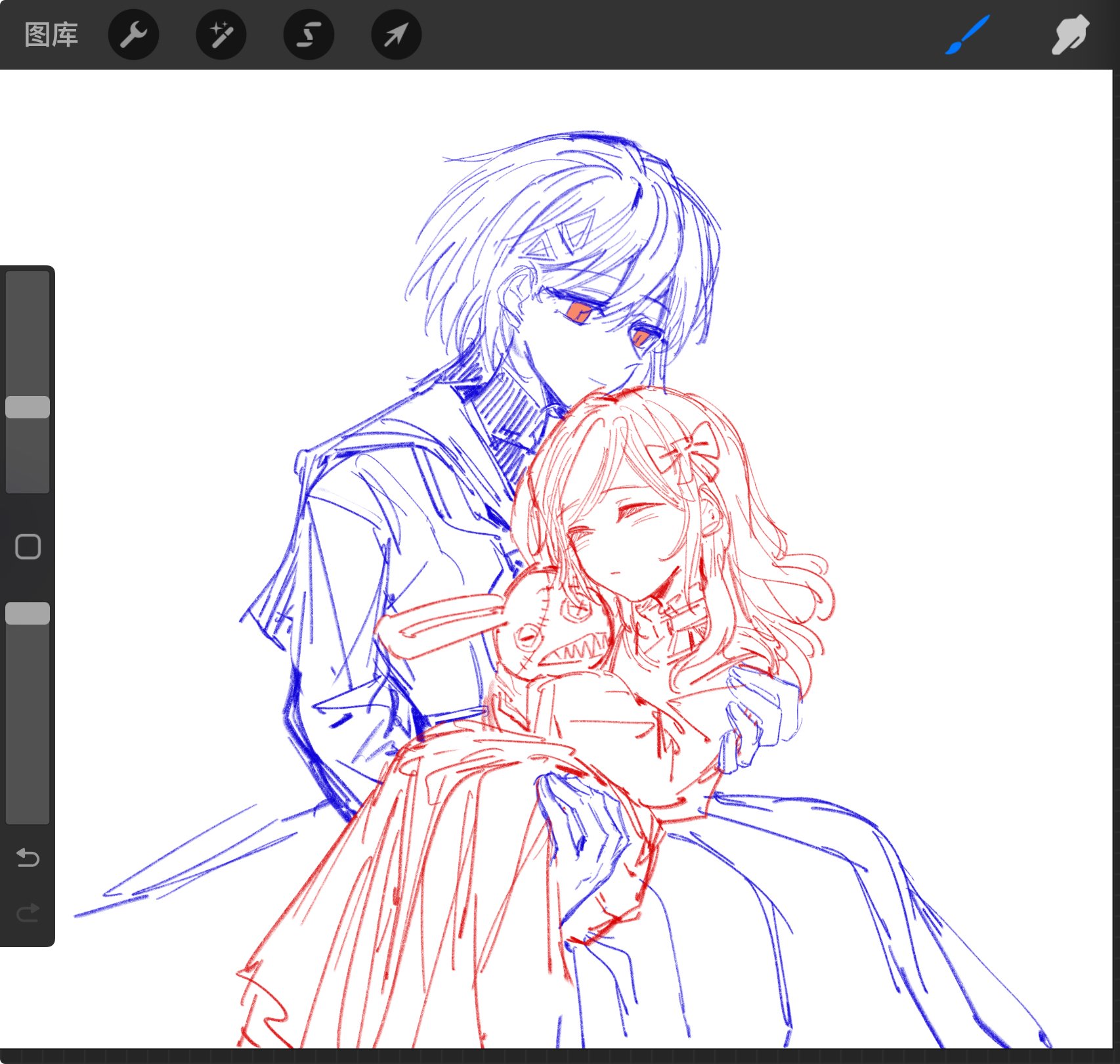 yrxy settingsun, ceras yanagida lilienfeld, katsuragi izumi, link! like! love live!, love live!, chinese commentary, commentary request, highres, procreate (medium), 2girls, age difference, aged down, art program in frame, bow, carrying, closed eyes, dress, hair bow, hasu no sora school uniform, jellyfish cut, long dress, long hair, long sleeves, multiple girls, multiple monochrome, neckerchief, orange eyes, pleated dress, princess carry, sailor collar, school uniform, sitting, spot color, stuffed animal, stuffed rabbit, stuffed toy, virtual youtuber, winter uniform