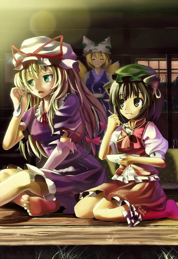 hidebo, chen, yakumo ran, yakumo yukari, touhou, bad id, bad pixiv id, 3girls, animal ears, animal hat, blonde hair, brown hair, cat ears, cat girl, cat tail, closed mouth, earrings, eating, elbow gloves, female focus, fox ears, fox tail, gloves, hat, hat ribbon, indoors, jewelry, kitsune, kyuubi, long hair, mob cap, multiple girls, multiple tails, puffy short sleeves, puffy sleeves, ribbon, short hair, short sleeves, spoon, tail