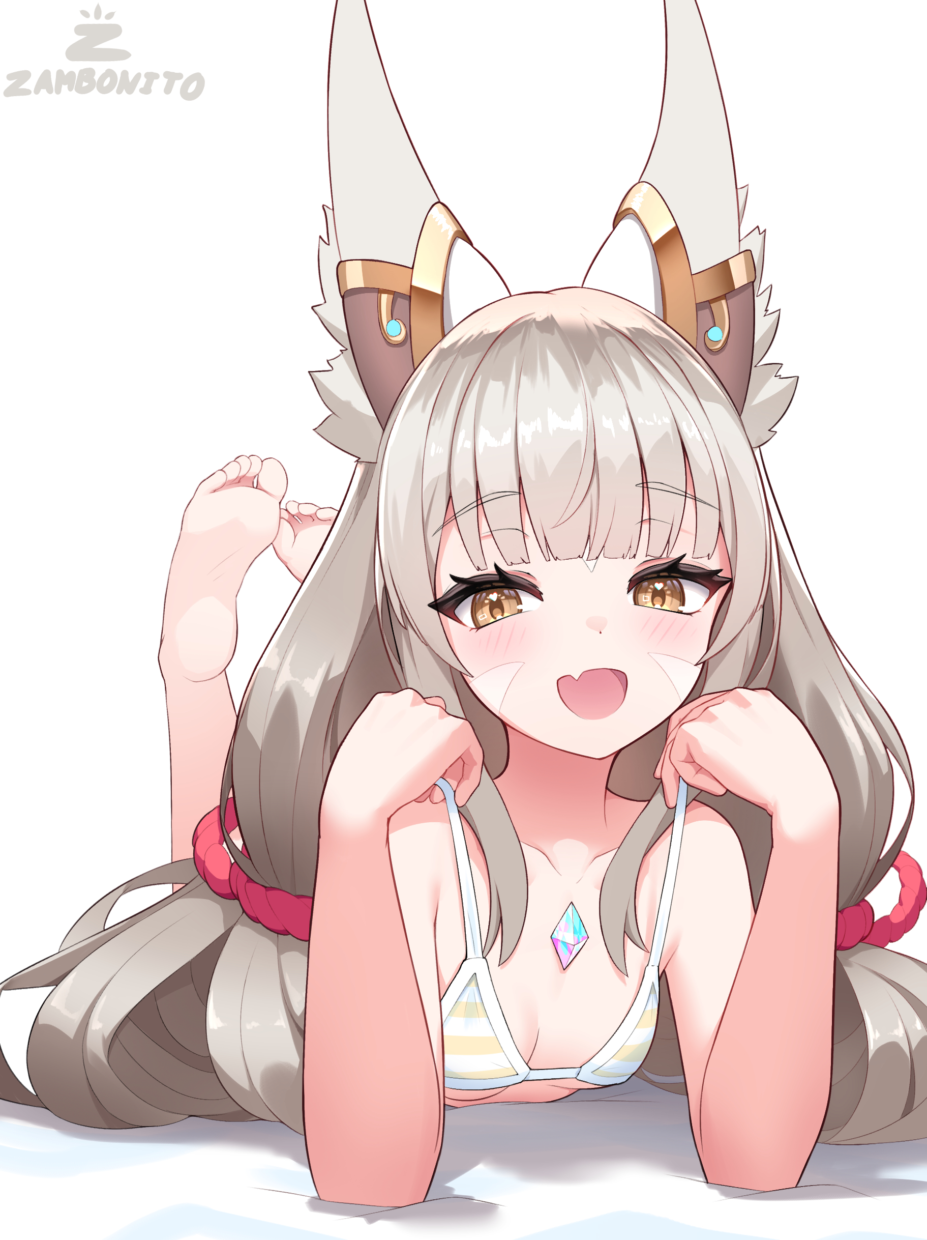 zambonito, nia (xenoblade), xenoblade chronicles (series), xenoblade chronicles 2, absurdres, highres, 1girl, animal ear fluff, animal ears, artist name, barefoot, blunt bangs, blush, breasts, cat ears, chest jewel, facial mark, fang, feet, grey hair, long hair, low twintails, lying, on stomach, open mouth, skin fang, small breasts, soles, solo, the pose, toes, twintails, yellow eyes