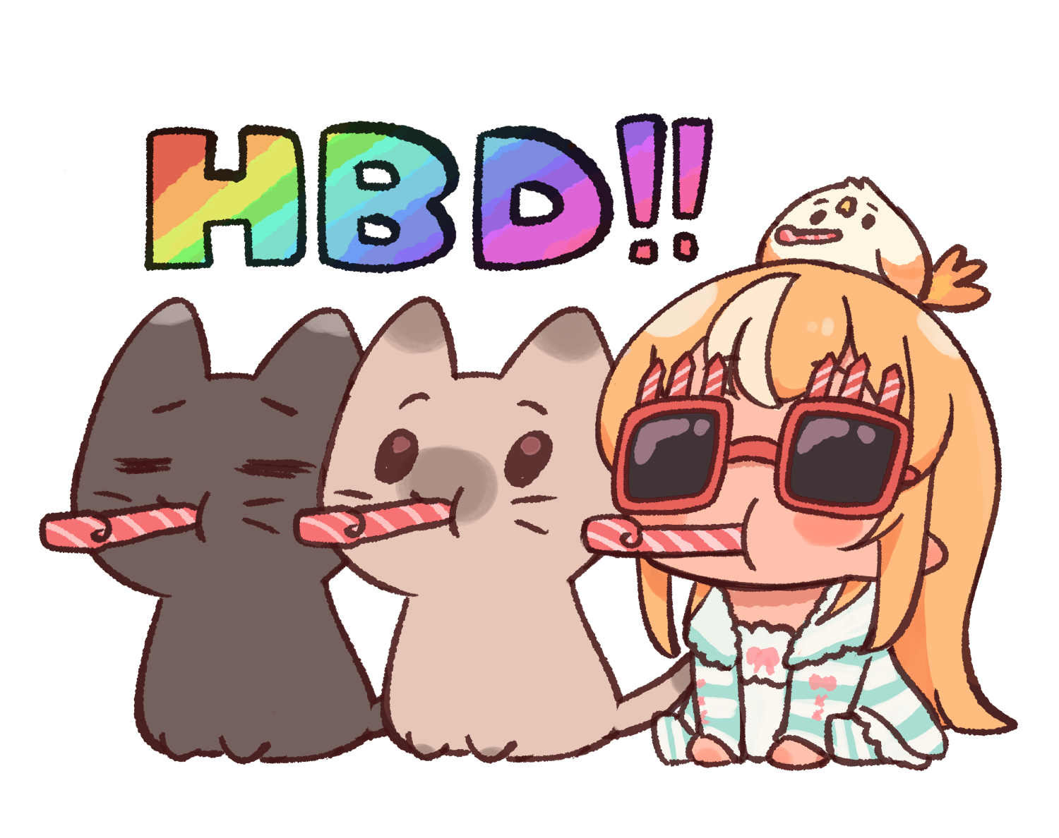 sasaki (glass1138), shiranui flare, shiranui flare (loungewear), hololive, 1girl, = =, animal, black cat, blush stickers, brown hair, cat, dress, happy birthday, jacket, long hair, mouth hold, multicolored hair, on head, open clothes, open jacket, party whistle, pointy ears, red-framed eyewear, simple background, sitting, socks, solo, streaked hair, striped clothes, striped jacket, striped socks, sunglasses, very long hair, virtual youtuber, white background, white dress, white hair