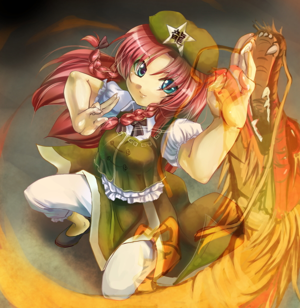 oginano, terebikko, hong meiling, immaterial and missing power, touhou, bad id, bad pixiv id, 1girl, beret, blue eyes, braid, dragon, eastern dragon, female focus, hat, long hair, red hair, solo, twin braids