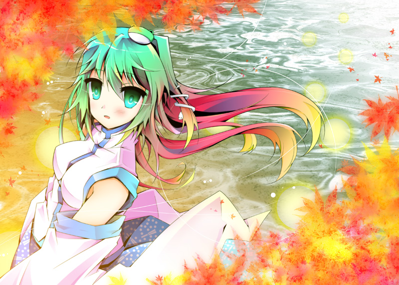 nanamomo rio, nanamomorio, kochiya sanae, touhou, 1girl, alternate hair color, blonde hair, detached sleeves, female focus, frog, gradient eyes, gradient hair, green eyes, green hair, hair ornament, japanese clothes, matching hair/eyes, miko, multicolored eyes, multicolored hair, red hair, snake, solo
