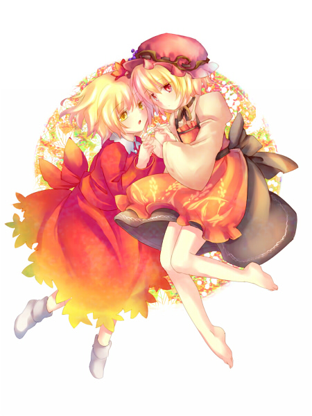 enone, aki minoriko, aki shizuha, touhou, 2girls, apron, barefoot, blonde hair, dress, feet, female focus, hair ornament, hat, holding hands, leaf hair ornament, multiple girls, red eyes, short hair, siblings, sisters, socks, white socks, yellow eyes