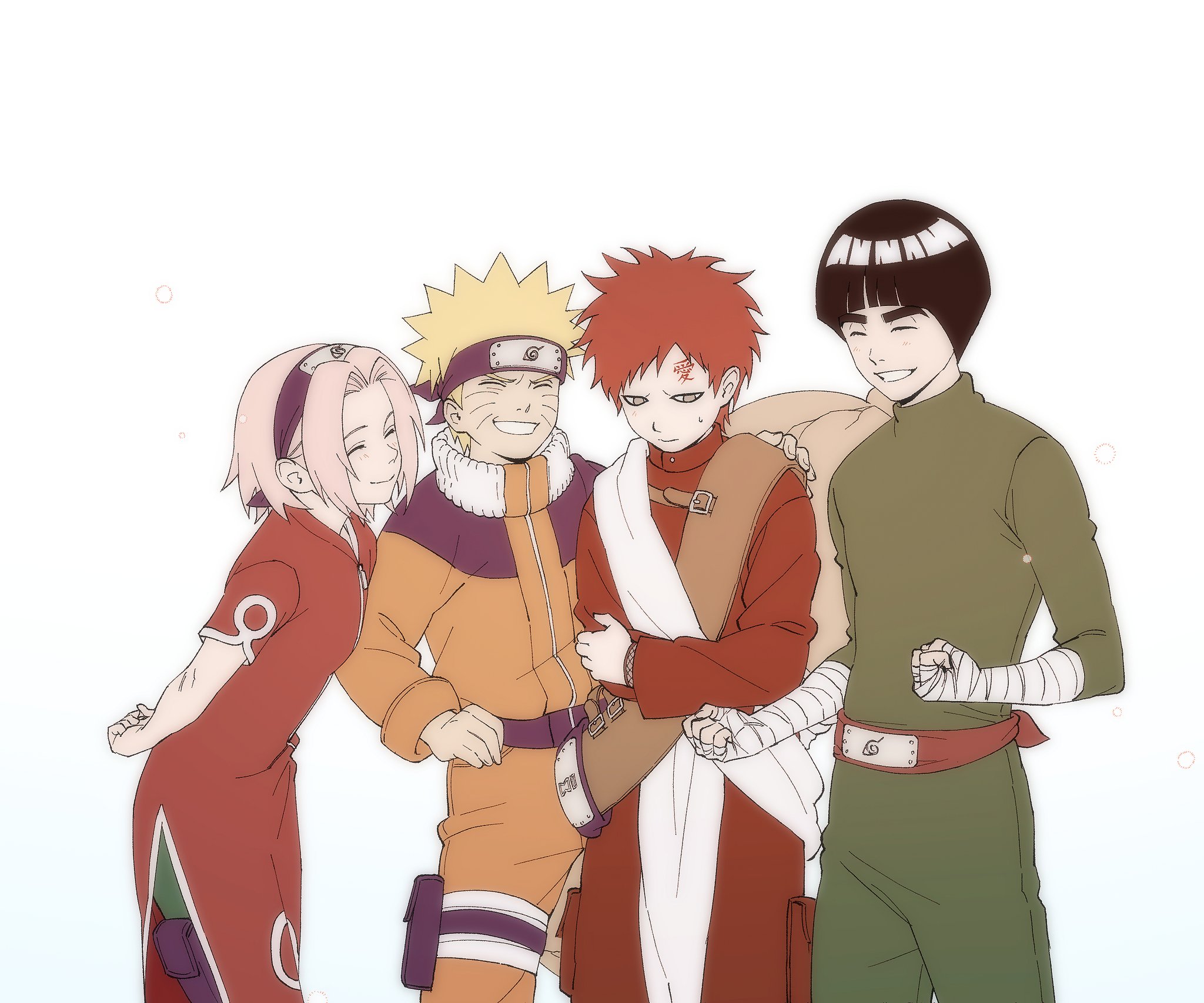 gaara (naruto), haruno sakura, rock lee, uzumaki naruto, naruto (series), highres, 1girl, 3boys, arm around shoulder, arm behind back, bandaged arm, bandaged hand, bandaged leg, bandages, black hair, black hairband, black headband, blonde hair, blunt bangs, bodysuit, bowl cut, breasts, clenched hand, closed eyes, closed mouth, cowboy shot, dress, ezt otk, facial mark, gourd, green bodysuit, grin, hairband, hand on own hip, headband, jacket, jumpsuit, konohagakure symbol, multiple boys, no eyebrows, orange jacket, orange jumpsuit, orange pants, pants, parted bangs, parted lips, pelvic curtain, pink hair, pouch, red dress, red hair, red robe, robe, sash, scar, scar on face, scar on forehead, short hair, small breasts, smile, spiked hair, sweatdrop, teeth, thick eyebrows, thigh pouch, whisker markings, white background, white sash