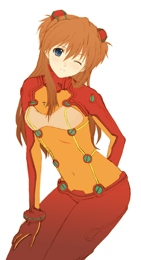 seiru (prairie), souryuu asuka langley, evangelion: 2.0 you can (not) advance, neon genesis evangelion, rebuild of evangelion, 00s, 1girl, blue eyes, bodysuit, brown hair, female focus, long hair, mecha pilot suit, midriff, navel, one eye closed, plugsuit (evangelion), see-through clothes, solo, test plugsuit (evangelion), wink