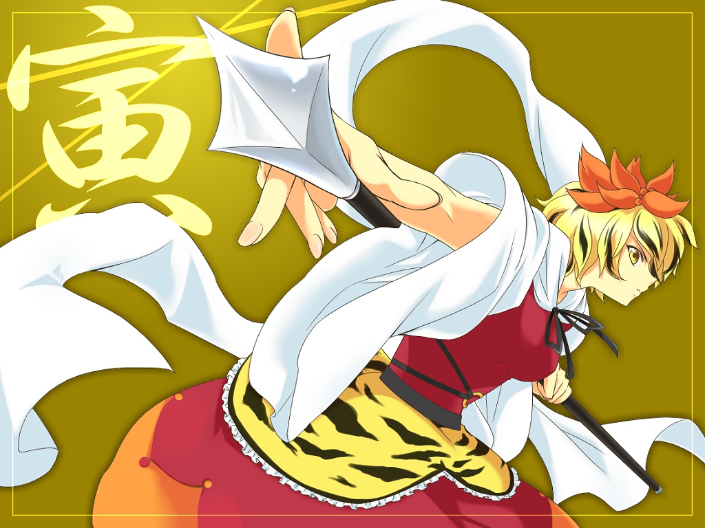 soumendaze, toramaru shou, touhou, 1girl, blonde hair, female focus, multicolored hair, polearm, shawl, solo, spear, weapon, yellow eyes