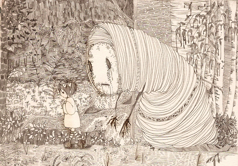 tou ko, original, bad id, bad pixiv id, traditional media, 1girl, bow, brown theme, child, flower, hair bow, leaf, monochrome, monster, sad, saliva, tears, walking