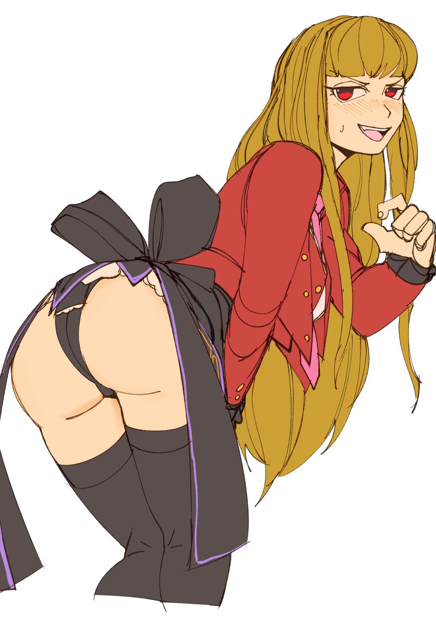 3amsoda, mammon (umineko), umineko no naku koro ni, highres, 1girl, ass, blush, brown hair, fang, long hair, necktie, open mouth, pink necktie, red eyes, showgirl skirt, skirt, smile, solo, sweatdrop, thighhighs