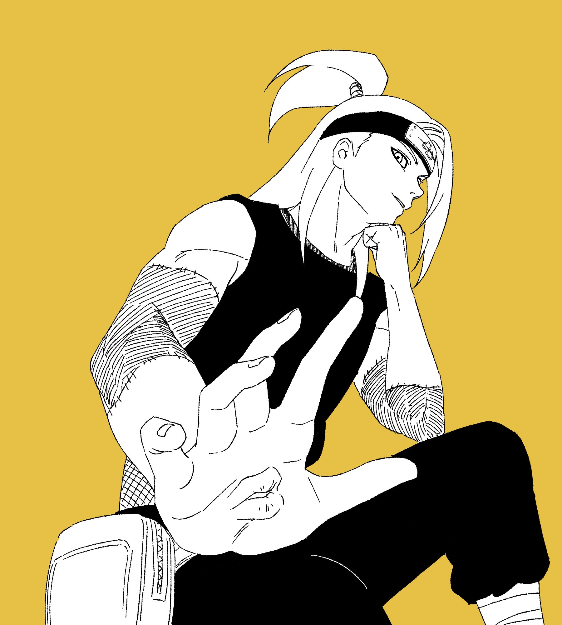 deidara (naruto), naruto (series), naruto shippuuden, highres, 1boy, bandaged leg, bandages, black headband, black pants, black tank top, extra mouth, ezt otk, fishnet top, fishnets, from below, half updo, head on hand, headband, long hair, looking at viewer, male focus, monochrome, outstretched hand, pants, parted lips, ponytail, pouch, scar, scar on arm, solo, stitched arm, stitches, swept bangs, tank top, thigh pouch, yellow background