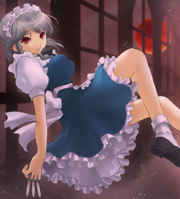 sakinosuke, izayoi sakuya, touhou, silver hair, bad id, bad pixiv id, 1girl, braid, breasts, dress, female focus, hairband, indoors, knife, maid, red eyes, short hair, sky, solo, throwing knife, twin braids, weapon
