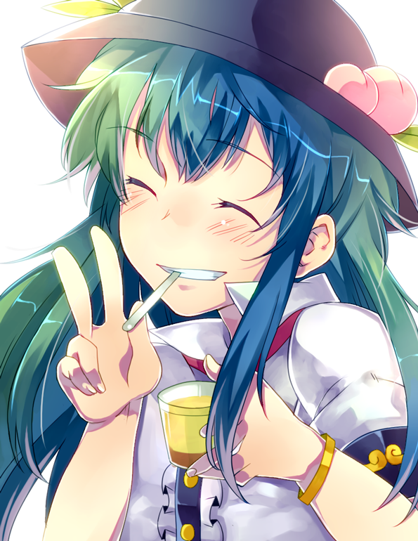 kimino tomonari, hinanawi tenshi, touhou, 1girl, blue hair, closed eyes, female focus, food, fruit, green hair, hat, long hair, peach, pudding, smile, solo, v