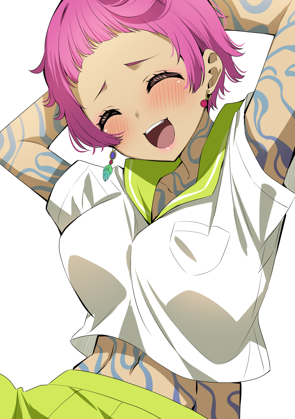 osarutukamaeru, comet (gnosia), gnosia, highres, 1girl, :d, arms behind head, blush, breasts, closed eyes, earrings, feather earrings, feathers, full-body tattoo, jewelry, large breasts, midriff, navel, open mouth, pink hair, short hair, simple background, smile, solo, tattoo, toned, toned female, white background