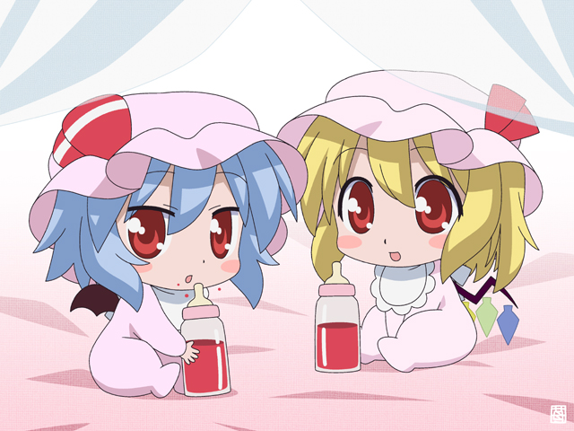 hatomugisan, flandre scarlet, remilia scarlet, touhou, 2girls, aged down, baby, baby bottle, bat wings, bed, bib, blonde hair, blood, blue hair, blush stickers, bottle, canopy bed, chibi, drinking, female focus, hat, multiple girls, red eyes, short hair, siblings, signature, sisters, smile, vampire, wings