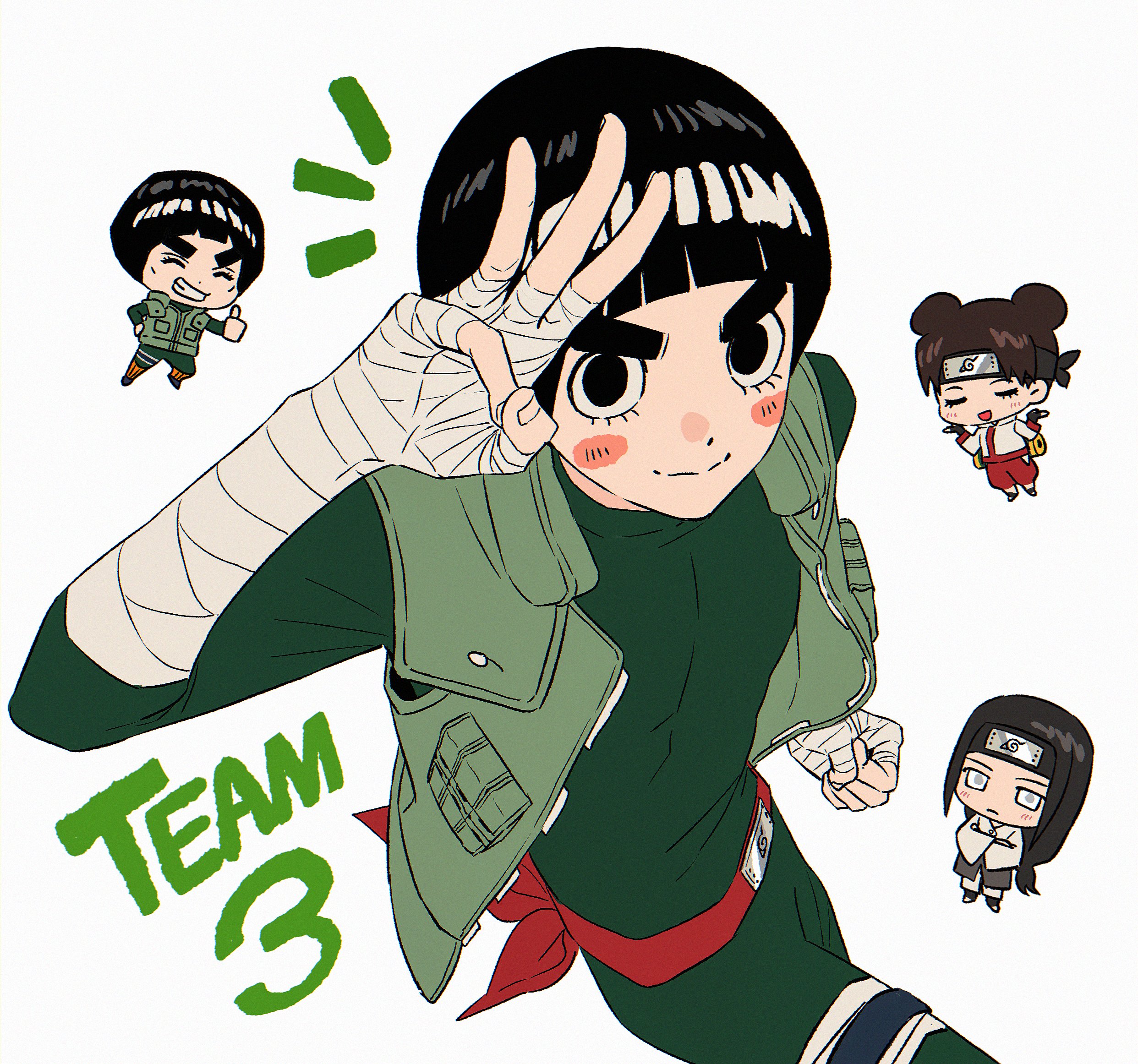 hyuuga neji, might guy, rock lee, tenten (naruto), naruto (series), highres, bandaged hand, bandaged leg, bandages, belt, black eyes, black hair, black headband, black shirt, blunt bangs, blush stickers, bodysuit, bowl cut, brown hair, chibi, chibi inset, clenched hand, closed eyes, crossed arms, double bun, english text, flak jacket, green bodysuit, green vest, grey eyes, grin, hair bun, headband, jacket, konohagakure shinobi uniform, konohagakure symbol, light blush, long hair, low-tied long hair, m0 mo momo, male focus, no pupils, open mouth, pants, parted bangs, red belt, red pants, shirt, short hair, smile, thick thighs, thighs, thumbs up, vest, white jacket, white shirt