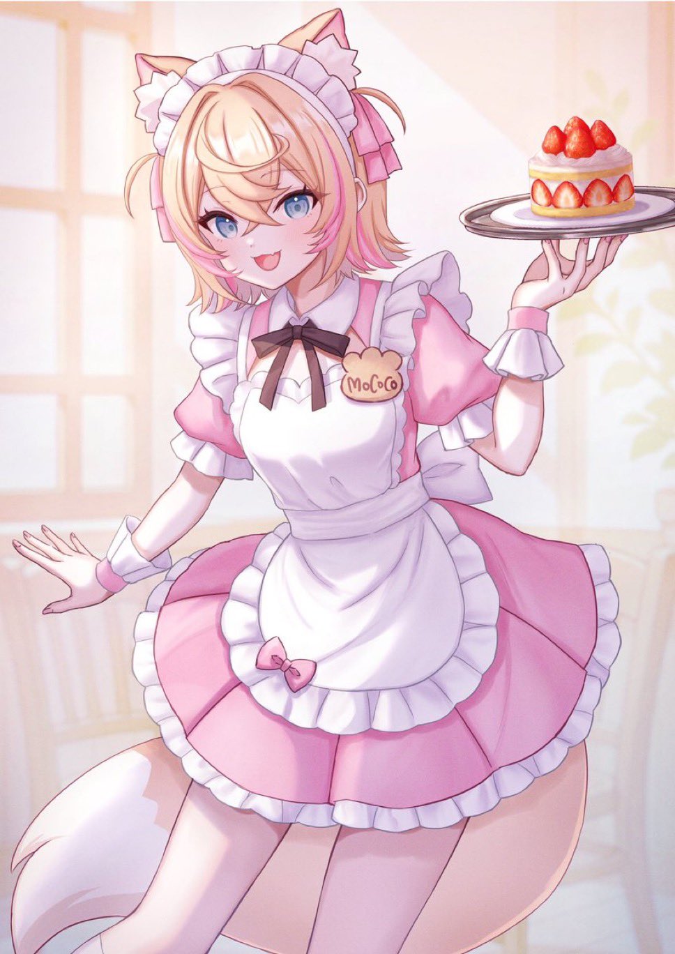 sakuraume, mococo abyssgard, hololive, hololive english, commentary request, highres, 1girl, animal ear fluff, animal ears, apron, back bow, black ribbon, blonde hair, blue eyes, bow, collared dress, crossed bangs, dog ears, dog girl, dog tail, dress, fang, fingernails, frilled apron, frilled cuffs, frilled skirt, frills, hair between eyes, hair intakes, hair ribbon, hand up, holding, holding tray, indoors, looking at viewer, maid apron, maid headdress, multicolored hair, name tag, neck ribbon, open mouth, pink dress, pink ribbon, pink streaks, pink wrist cuffs, puffy short sleeves, puffy sleeves, ribbon, short hair, short sleeves, skin fang, skirt, smile, solo, standing, standing on one leg, streaked hair, tail, tray, two side up, white bow, white headdress, wrist cuffs