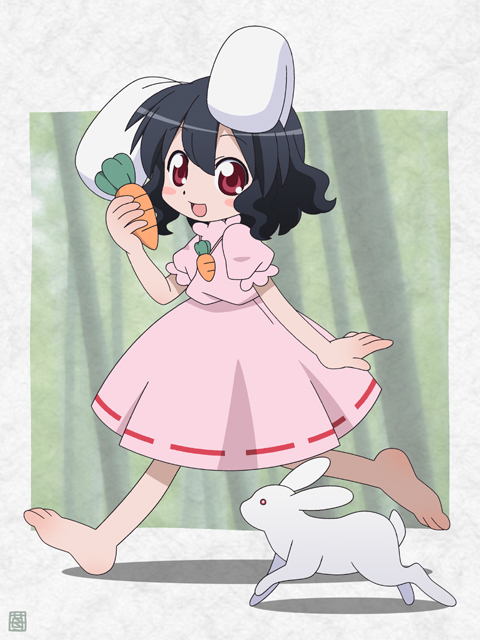 hatomugisan, inaba tewi, touhou, 1girl, animal ears, barefoot, black hair, blush, carrot, dress, feet, female focus, jewelry, necklace, open mouth, rabbit, rabbit ears, red eyes, short hair, smile, solo