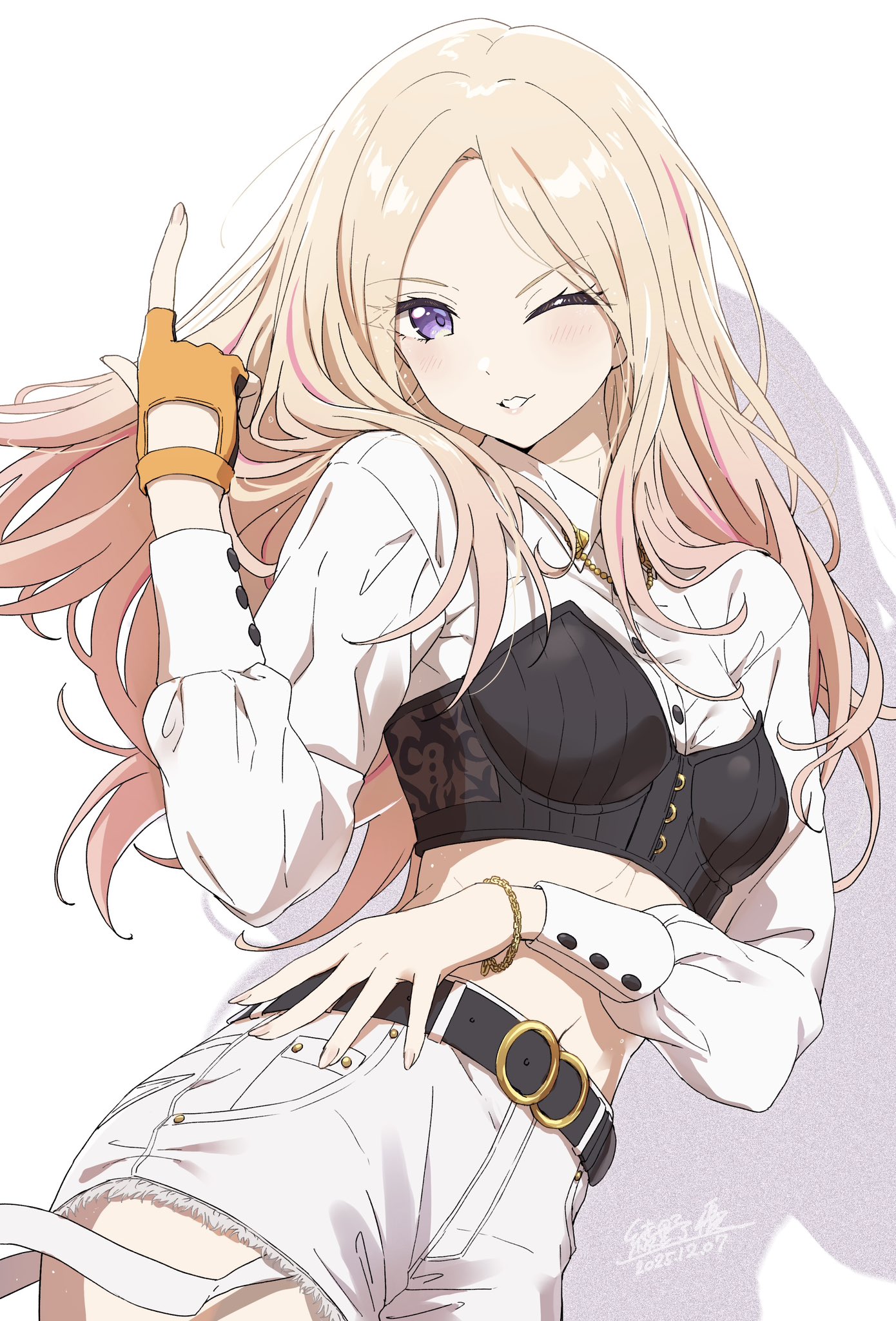 ayano yuu (sonma 1426), juo sena, gakuen idolmaster, idolmaster, commentary request, highres, 1girl, ;d, belt, black belt, blonde hair, bracelet, breasts, cowboy shot, crop top, fingerless gloves, gloves, grey shorts, grin, jewelry, long hair, long sleeves, midriff, navel, one eye closed, open mouth, orange gloves, purple eyes, shadow, shorts, single fingerless glove, small breasts, smile, solo, white background