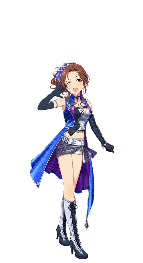 kawashima mizuki, idolmaster, idolmaster cinderella girls, idolmaster cinderella girls starlight stage, official art, 1girl, belt, boots, breasts, brown hair, cleavage, forehead, full body, gloves, hand up, high heel boots, high heels, idol clothes, lace-up boots, one eye closed, open mouth, skirt, solo, transparent background
