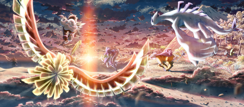 nekonekoyukai, yakkun, chikorita, cyndaquil, entei, ho-oh, lugia, raikou, suicune, totodile, nintendo, pokemon, pokemon gsc, artist collaboration, 1990s (style), bird, cloud, flying, gen 2 pokemon, legendary pokemon, mountain, no humans, pokemon (creature), retro artstyle, running, sky, starter pokemon trio, sunset