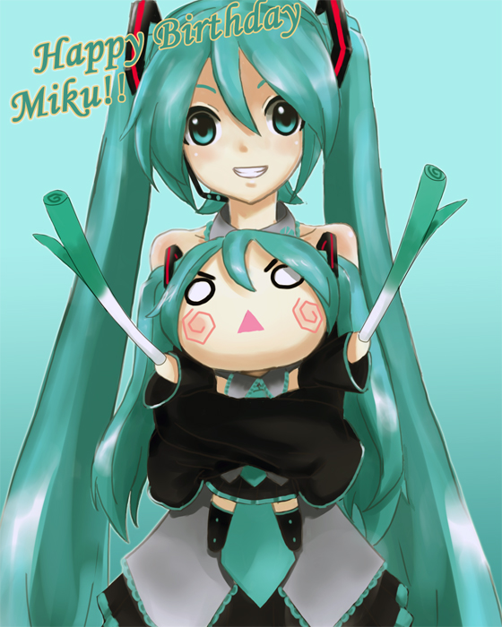 musclecar, hachune miku, hatsune miku, vocaloid, eyebrows, aqua eyes, aqua hair, bare shoulders, blush, collarbone, crossed arms, detached collar, detached sleeves, gradient background, grin, hair between eyes, headset, long hair, long twintails, necktie, simple background, skirt, smile, spring onion, teeth, twintails, very long hair