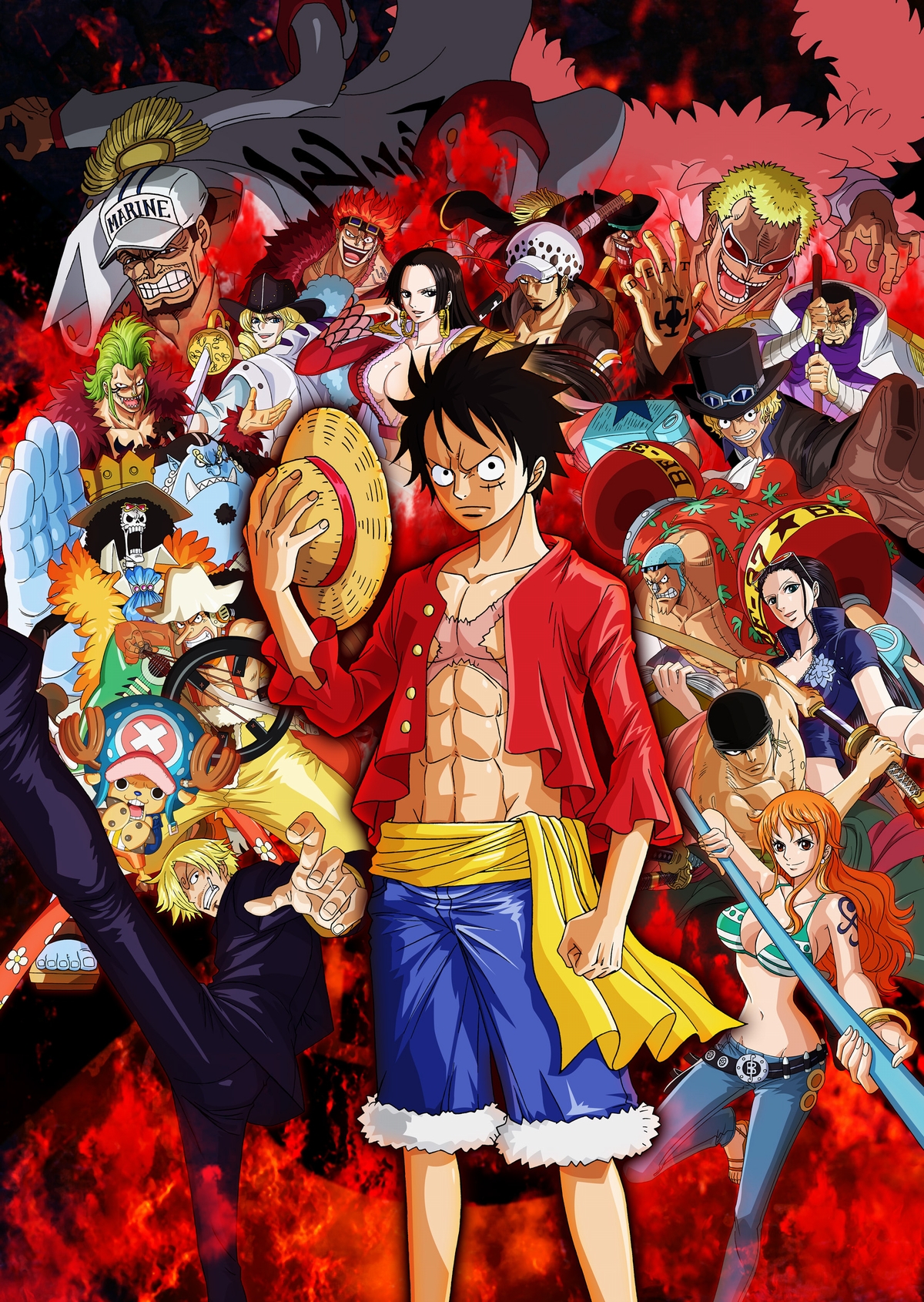 bartolomeo (one piece), boa hancock, brook (one piece), cavendish (one piece), donquixote doflamingo, eustass kid, franky (one piece), fujitora (one piece), jinbe (one piece), marshall d. teach, monkey d. luffy, nami (one piece), nico robin, roronoa zoro, sabo (one piece), sakazuki (one piece), sanji (one piece), tony tony chopper, trafalgar law, usopp, one piece, toei company, highres, official art, 3girls, 6+boys, black hair, blonde hair, blue eyes, blue sky, braid, breasts, cleavage, closed eyes, earrings, eyelashes, full body, green hair, happy, hat, holding, holding sword, holding weapon, hood, hoodie, jacket, jewelry, jumping, large breasts, logo, long hair, military uniform, miniskirt, multiple boys, multiple girls, muscular, musical note, open mouth, scar, scar on face, serious, short hair, shorts, skeleton, skirt, sky, smile, straw hat, sunglasses, sword, title, weapon