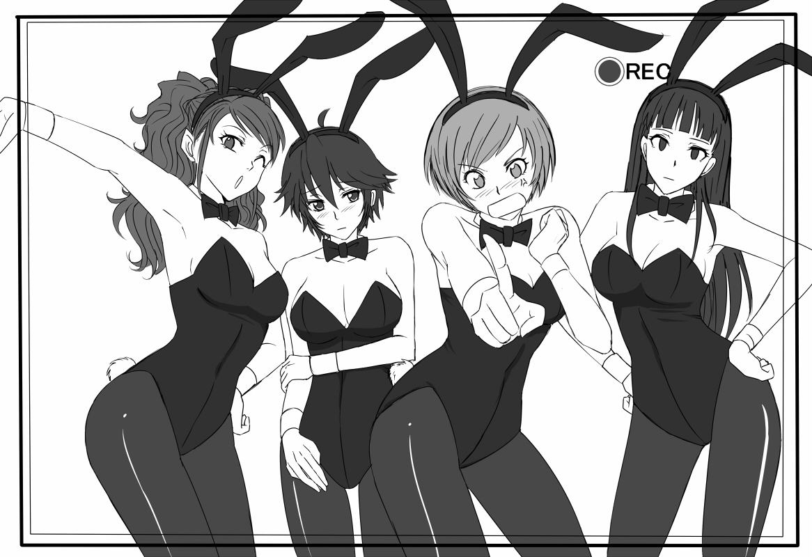 suta furachina, amagi yukiko, kujikawa rise, satonaka chie, shirogane naoto, atlus, persona, persona 4, 4girls, angry, animal ears, breasts, cleavage, fake animal ears, greyscale, large breasts, medium breasts, monochrome, multiple girls, pantyhose, playboy bunny, rabbit ears, recording, viewfinder