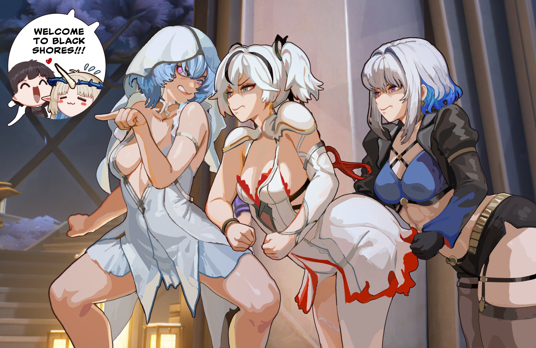 kinohara kossuta, camellya (wuthering waves), fleurdelys (wuthering waves), galbrena (wuthering waves), male rover (wuthering waves), rover (wuthering waves), shorekeeper (wuthering waves), tom and jerry, wuthering waves, commentary, english commentary, highres, -w-, 1boy, 4girls, :3, abs, angry, armlet, asymmetrical armwear, asymmetrical legwear, bare shoulders, black eyes, black hair, black jacket, black shorts, blonde hair, blue bra, blue hair, blue veil, bra, breasts, brown hair, chibi, clenched teeth, closed eyes, closed mouth, collar, collarbone, cropped jacket, dress, english text, flying sweatdrops, garter straps, gloves, grey hair, heart, hood, horns, jacket, jealous, jewelry, large breasts, meme, multicolored hair, multiple girls, muscular, muscular female, out of character, partially shaded face, pointing, pointing at another, pointing forward, pointy ears, purple eyes, scene reference, short hair, shorts, single horn, sleeveless, sleeveless dress, squatting, stairs, teeth, thighhighs, toned, toned female, two-tone hair, two-tone veil, underwear, veil, white collar, white dress, white hair, white veil