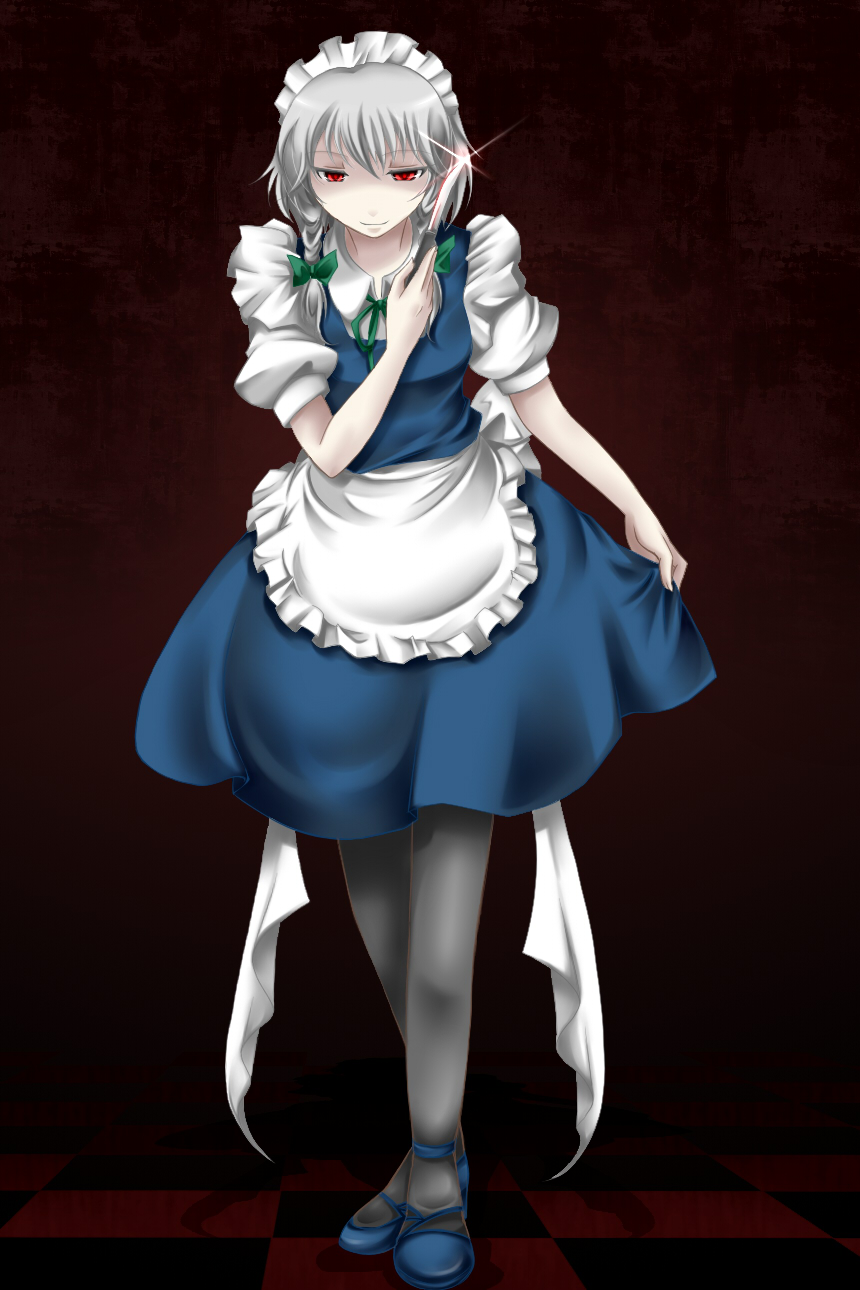 hal (goshujinomocha), hal (haruna), izayoi sakuya, embodiment of scarlet devil, touhou, silver hair, highres, 1girl, braid, female focus, knife, pantyhose, red eyes, short hair, solo, throwing knife, weapon