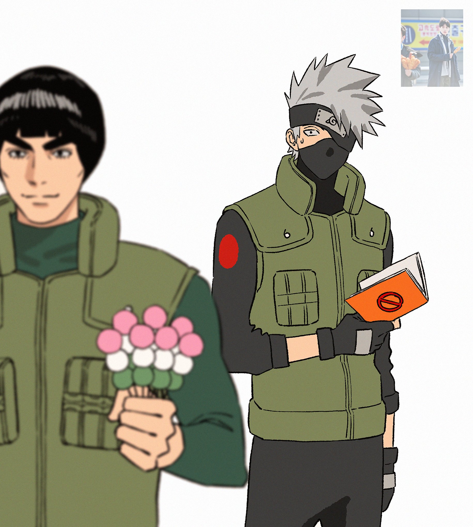 hatake kakashi, might guy, naruto (series), derivative work, highres, 2boys, black gloves, black hair, black headband, black mask, black pants, black shirt, blunt bangs, blurry, blurry foreground, bodysuit, book, bowl cut, closed mouth, cow, dango, fingerless gloves, flak jacket, food, gloves, green bodysuit, green vest, grey hair, headband, headband over one eye, holding, holding book, holding food, jacket, konohagakure shinobi uniform, konohagakure symbol, looking at another, m0 mo momo, male focus, mask, mouth mask, multiple boys, pants, reference inset, sanshoku dango, sharp teeth, shirt, short hair, sleeves rolled up, smile, sweatdrop, teeth, thick eyebrows, vest, wagashi, white background