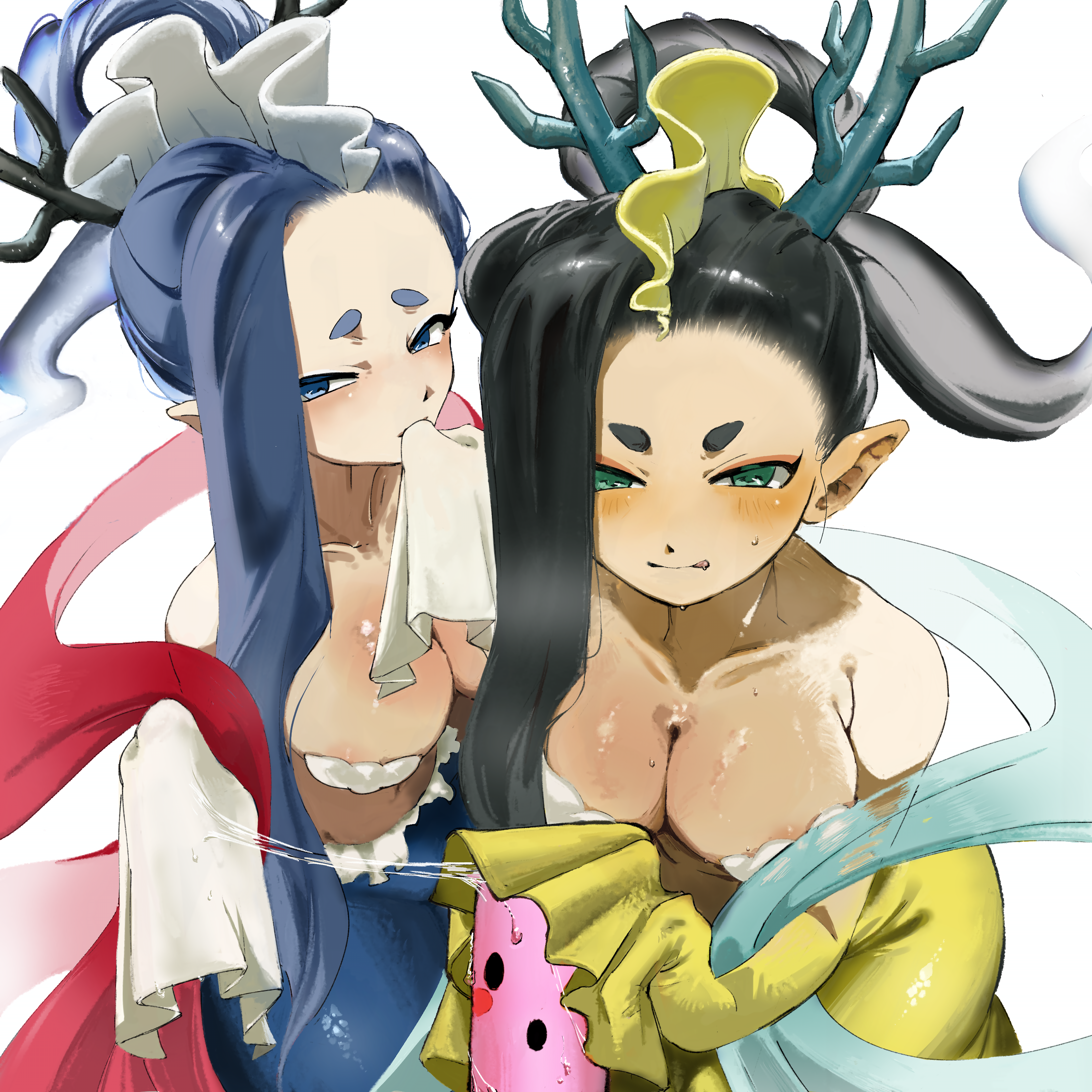 plosauq8q733113, boobou, izanami (youkai watch), yaobikuni (youkai watch), youkai watch, youkai watch 2, absurdres, commentary request, highres, 2girls, bare shoulders, black hair, blue eyes, blue hair, breasts, cleavage, collarbone, green eyes, large breasts, long hair, mermaid, monster girl, multiple girls, no pupils, phallic symbol, pointy ears, short eyebrows, simple background, sleeves past fingers, sleeves past wrists, thick eyebrows, white background, youkai (youkai watch)